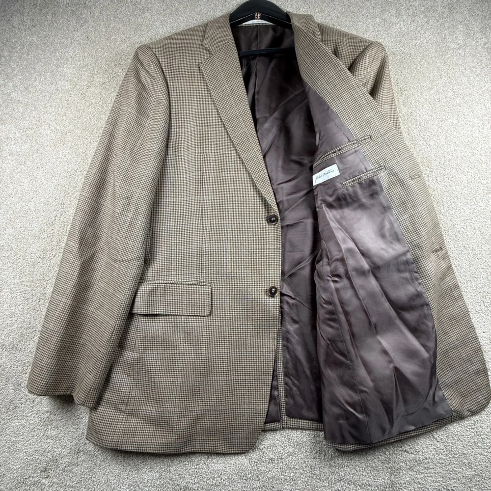 John W. Nordstrom Sport Coat Mens 42L Brown Excellent Silk Wool Houndstooth